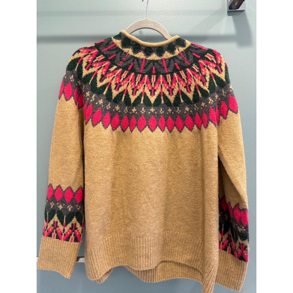 CeCe Fair Isle Knit Sweater Camel Tan Pink Green Sz M Fits L XL - Picture 2 of 5